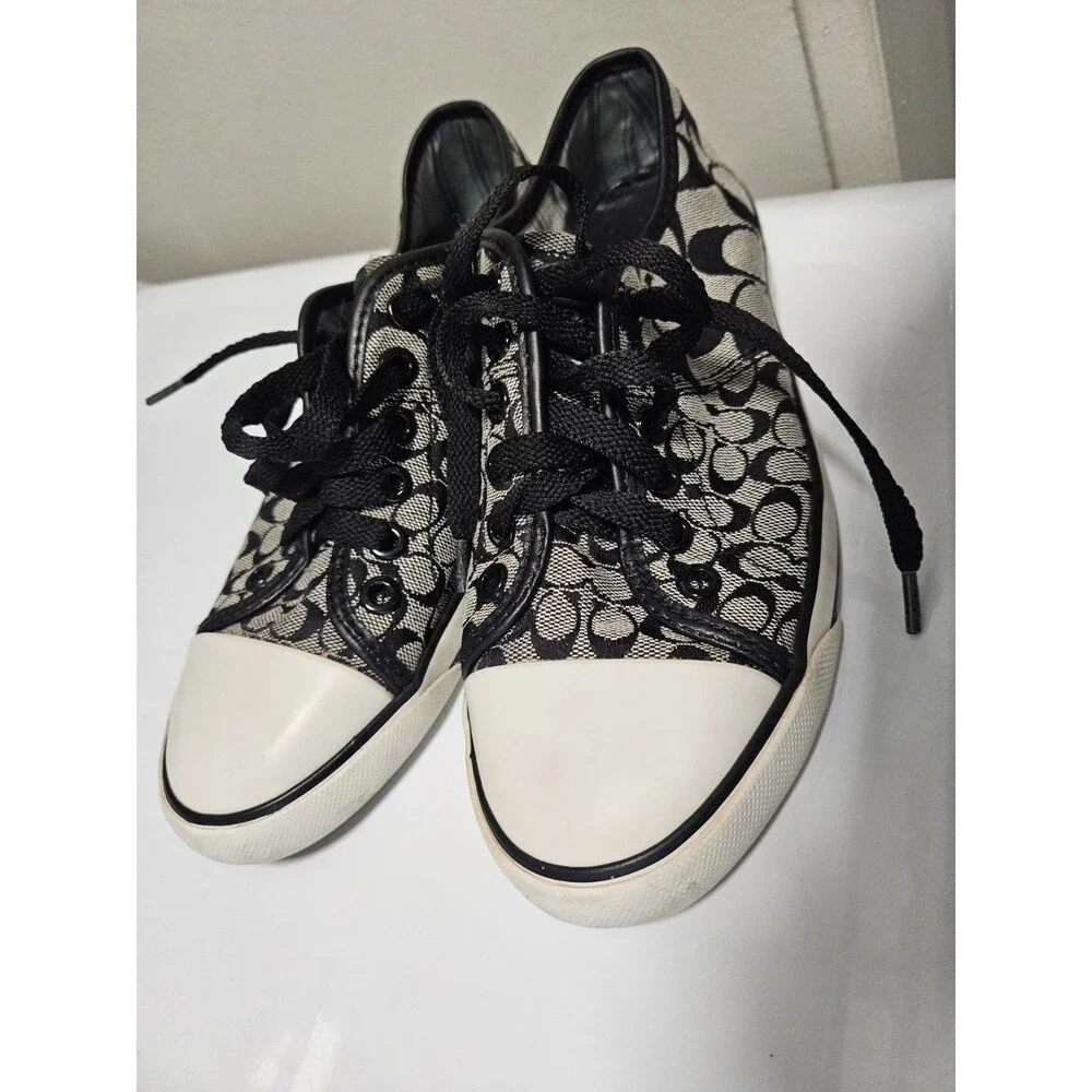 Women COACH BARRETT SIZE 7 B Gray Black Canvas & Patent Leather Sneakers Shoes - Picture 1 of 5